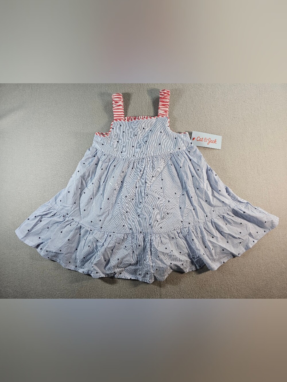 Cat & Jack Blue Pinstripe Star Baby Dress with Red Stripe Straps Size 2T